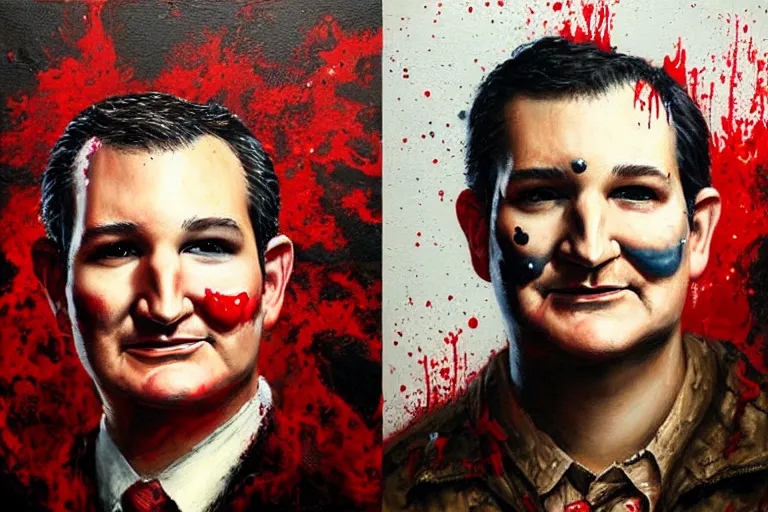 Prompt: portrait of ted cruz wearing burlap bloodsplattered as the zodiac killer at night, an oil painting by ross tran and thomas kincade