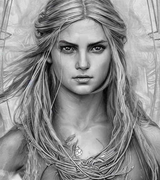 Image similar to portrait of beautiful aphrodite goddess as an archer warrior, arrow, beautiful piercing eyes, flowing blonde hair, realistic face, black and white drawing, in the style of greg rutkowski, fantasy, amazing detail, epic, intricate, elegant, smooth, sharp focus