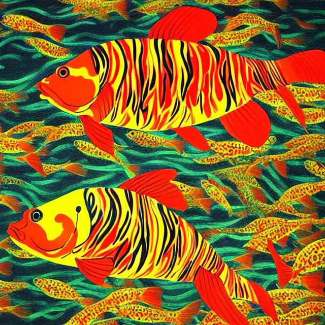 Image similar to a beautiful painting carp swim in the fire, by kusama miyama realistic oil painting