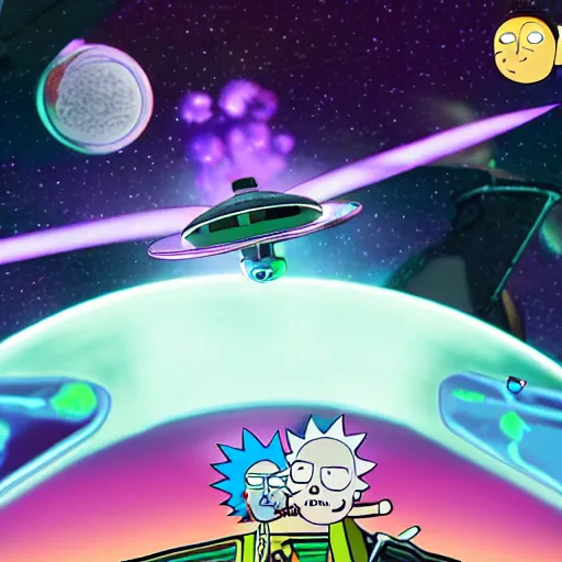 Prompt: screenshot rick and morty flying in their regular ufo in deep space, the death star explodes on background