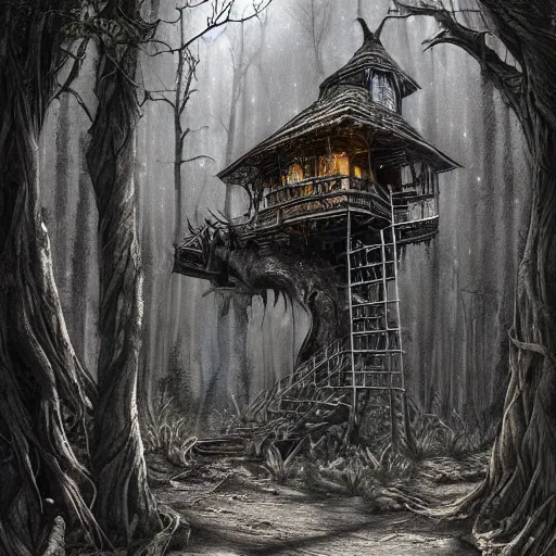 Prompt: dilapidated broken down treehouse, tucked within the witchwood forest, evil fairies, overgrown, detailed intricate ink illustration, dark atmosphere, detailed illustration, hd, 4k, digital art, overdetailed art, concept art, by greg rutkowski, by loish, complementing colors, Trending on artstation, deviantart