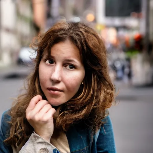 Prompt: color portrait Mid-shot of an beautiful 30-year-old woman with brown hair, street portrait in the style of Martin Schoeller award winning