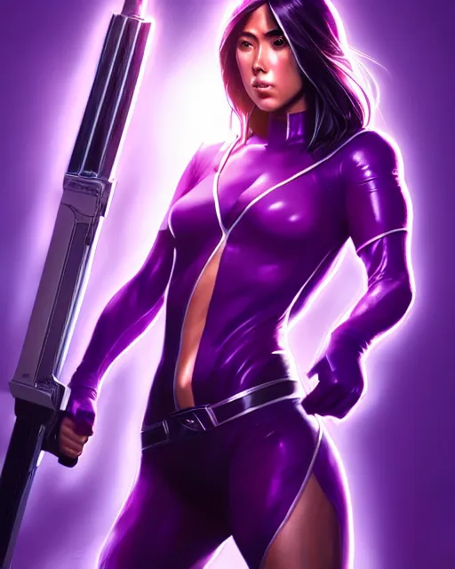 Image similar to Psylocke Chloe Bennet long hair, purple energy sword, realistic character concept, action pose, comic book, illustration, slender symmetrical face and body, artstation, cinematic lighting, hyperdetailed, artgerm, 8k, Rafeal Albuquerque comic book art, single face, insanely detailed and intricate, beautiful
