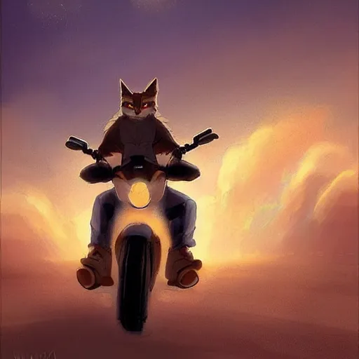 Prompt: cute fluffy caracal riding a harley motorcycle, road, sunset. adventurous, atmospheric lighting, stunning. by makoto shinkai, rossdraws, james jean, andrei riabovitchev, marc simonetti, krenz cushart, trendig on artstation, digital art