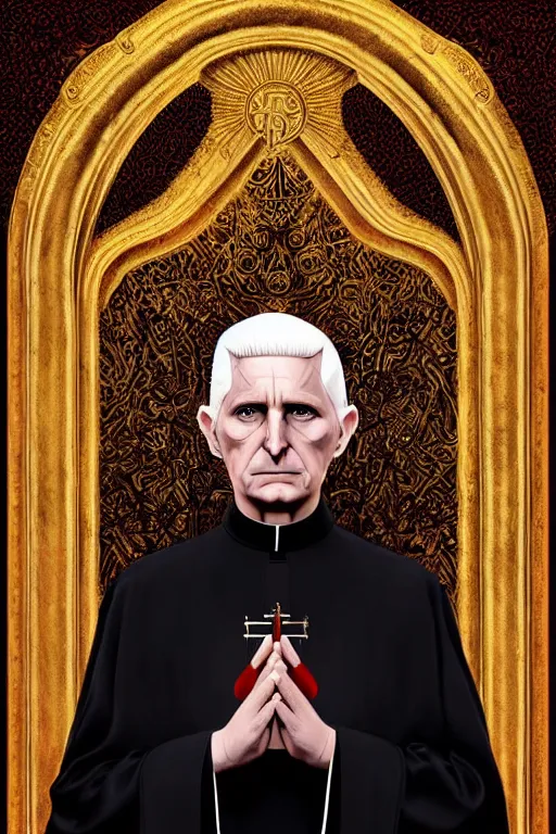 Prompt: bald pale evil sorcerer benedict xvi, steve jobs, stately and dour expression, high black turtleneck, opulent white golden red robe, white leather gloves with gold decoration, sharp focus, illustration, digital painting, art by magali villeneuve