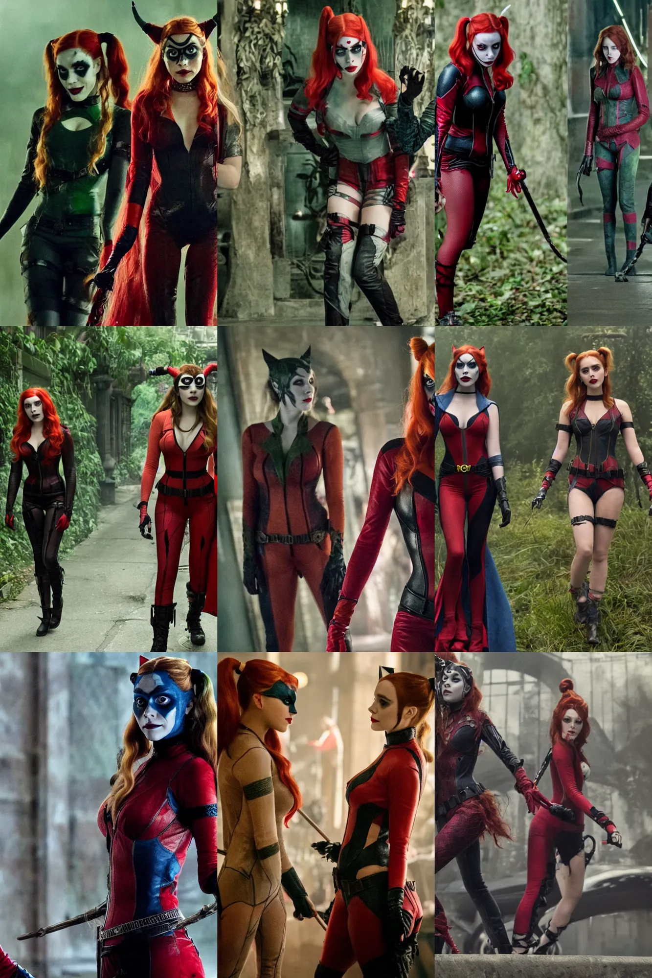 Prompt: elizabeth olsen as harley quinn, emma watson as poisonivy, scarlet johanson as catwoman, movie directed by joss whedon, movie still frame, promotional image, critically acclaimed, top 6 best movie ever imdb list, symmetrical shot, idiosyncratic, relentlessly detailed, cinematic colour palette