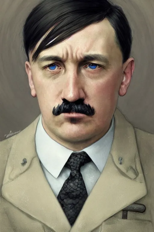 Image similar to photorealistic portrait photograph of adolf hitler, kawaii!! handsome, depth of field, soft focus, highly detailed, intricate, realistic, national geographic cover, soft glow, textured, artstation, concept art, sharp focus, illustration, art by artgerm and greg rutkowski and alphonse mucha