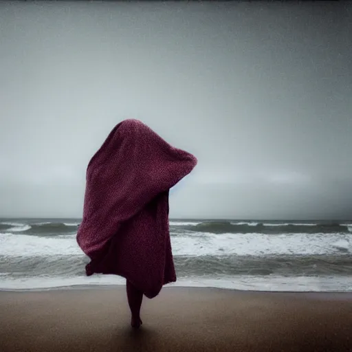 Image similar to Conceptual Art glitch girl wrapped in a blanket and very very tall monster looks into the distance on the beach, in the rain, style of Hiroshi Sugimoto, atmospheric,