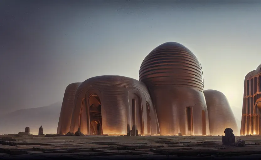 Image similar to exterior shot of utopian ancient persian architecture with cinematic lighting by zaha hadid peter zumthor and renzo piano and frank gehry, darek zabrocki and greg ruthkowski, simon stalenhag, cinematic, holy place, paradise, scifi, futurism, atmospheric, concept art, artstation, trending on artstation