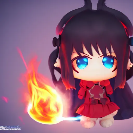 Image similar to cute fumo plush of a girl with pyrokinetic energy, angry, fire lens flare, vray