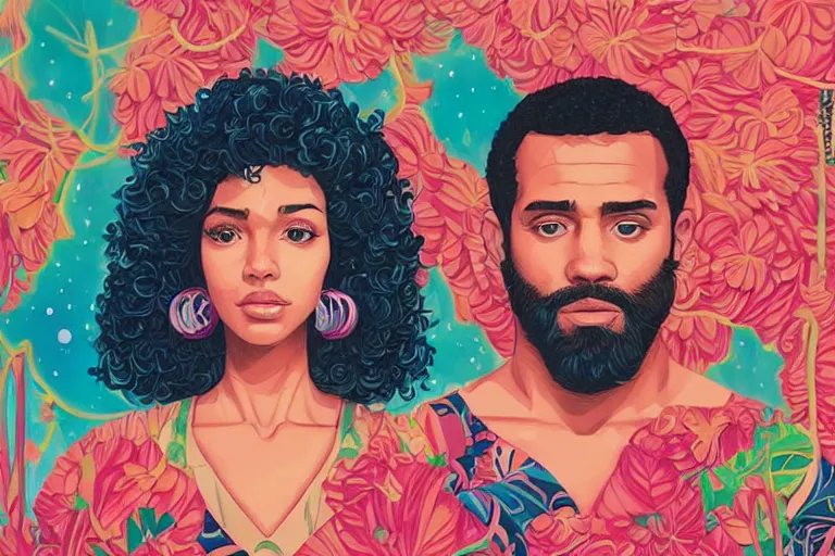 Image similar to a hispanic light - skinned girl with medium length curly hair, and a short - bearded mixed race man with short curly hair, in love, tristan eaton, victo ngai, artgerm, rhads, ross draws