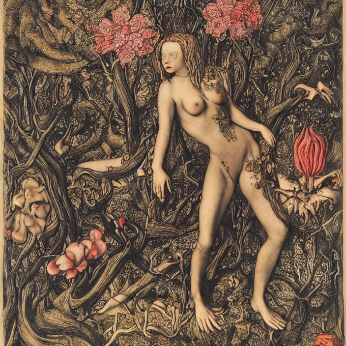 Prompt: a wide landscape with a tattood succubus with animal stripes and antlers transforming into a tree while the stars look like flowers by jan van eyck, ernst fuchs, nicholas kalmakoff, joep hommerson, character, full body, catsuit, max ernst, hans holbein, lace