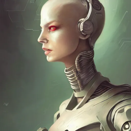 Prompt: portrait rough female cyborg, short white punk hair, wearing futuristic military body armor, art by pete mohrbacher and seb mckinnon and beksinski and josan gonzales, digital art, highly detailed, intricate, sci-fi, sharp focus, Trending on Artstation HQ, deviantart, unreal engine 5, 4K UHD image