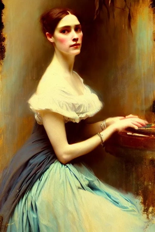 Image similar to soft colorsphotograph imax and solomon joseph solomon and richard schmid and jeremy lipking victorian loose genre loose painting full length portrait painting of pretty rich victorian woman disney