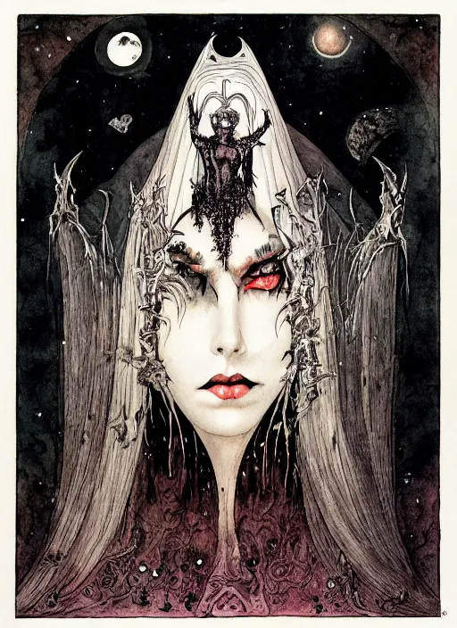 Image similar to dark vampire queen closeup face surrounded by bats, night sky, art by luis royo and walter crane and kay nielsen, watercolor illustration,