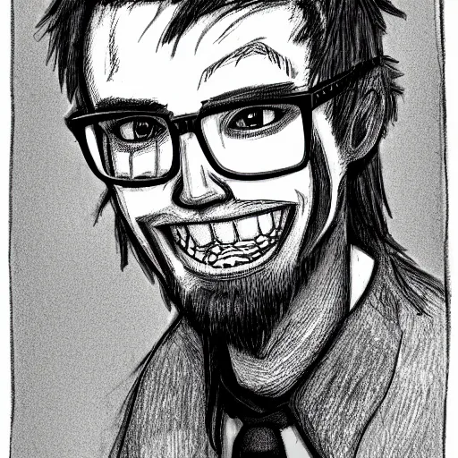 Prompt: a photo of a guy from fnaf! theeth! and very long brownish! hair!, with nerdy! glasses! and goatee, horror art