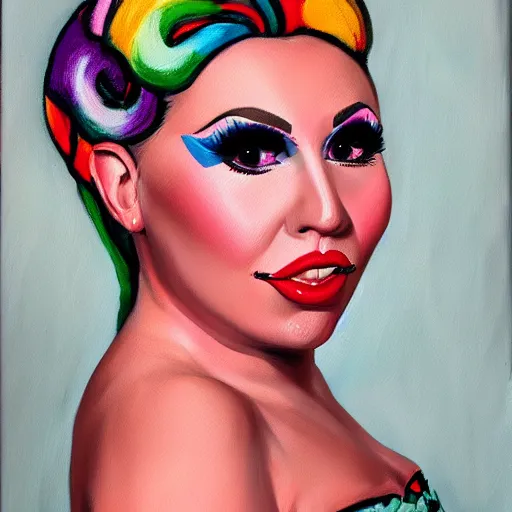 Image similar to trixie mattel the dragqueen portrait oil painting in the style of velazquez