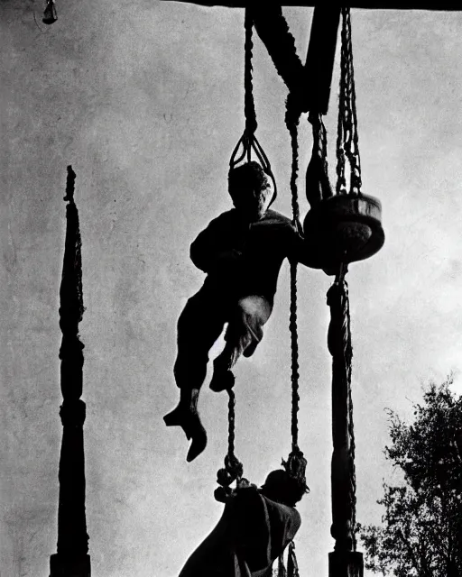 Prompt: color Photograph of Charles Laughton dressed as Quasimodo swinging from a Bell Tower, atmospheric, cinematic