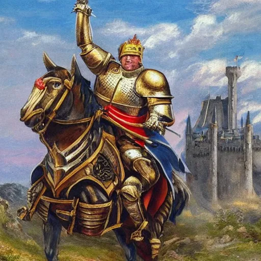 Image similar to full body, knights armor, donald trump, crown!!!!!!, donald trump's face, detailed face, painting of a knight, boots!!!!!!, medieval castle background, valiant, by hans thoma