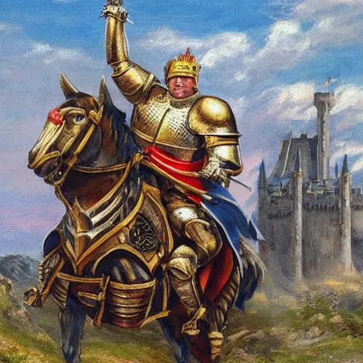 Prompt: full body, knights armor, donald trump, crown!!!!!!, donald trump's face, detailed face, painting of a knight, boots!!!!!!, medieval castle background, valiant, by hans thoma