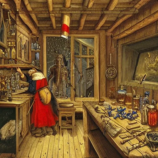 Prompt: a medieval scientist preparing an experiment in his cabin, dynamic, expressive, psychedelic, extreme detail, ornate, intricate, decorative, fantasy