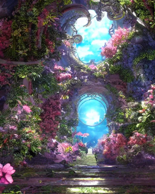 Prompt: portal to paradise, 8 k high definition, very unique, advanced technology, beams of energy, pathway, flowers, machines, insanely detailed, intricate, art by akihiko yoshida, antilous chao, woo kim