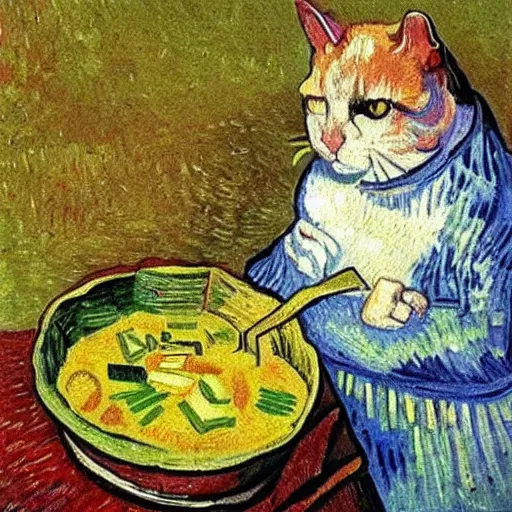 Image similar to the cat cooks soup, stirring a pot with a ladle and cutting vegetables, oil painting, drawn by Van Gogh