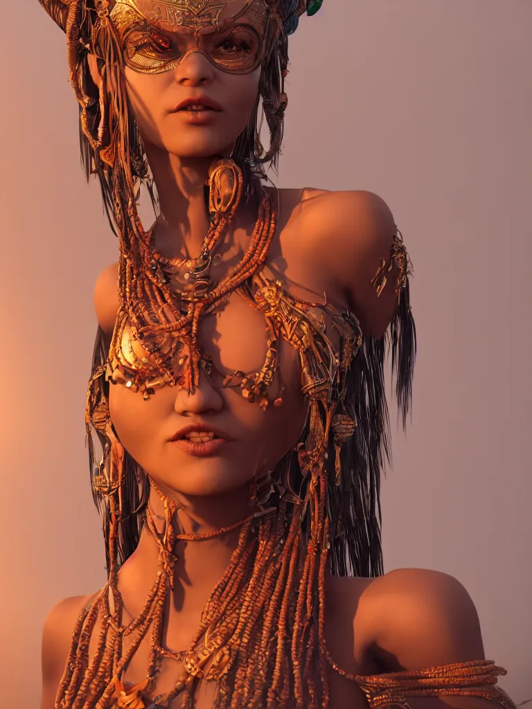 Prompt: a centered render of an alluring tribal goddess, full body, gorgeous face, perfect face, powerful, by viktoria gavrilenko, 3 d, trending on artstation, octane render, 8 k