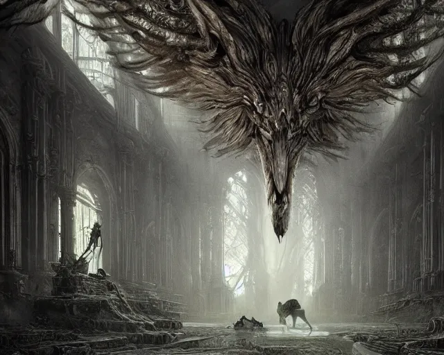 Image similar to king of the wolves - fantasy, inside the king's hall wolves and their treasures, ethereal, ominous, misty, 8 k, by h. r. giger and greg rutkowski, the last guardian by fumito ueda - elden ring