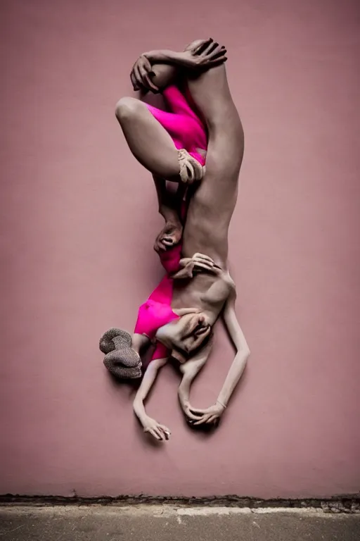 Image similar to a surreal portrait of intertwined and contorted figures wearing gas mask next to a pink wall in the style of brooke didonato, editorial fashion photography from vogue magazine, full shot, nikon d 8 1 0, ƒ / 2. 5, focal length : 8 5. 0 mm, exposure time : 1 / 8 0 0, iso : 2 0 0