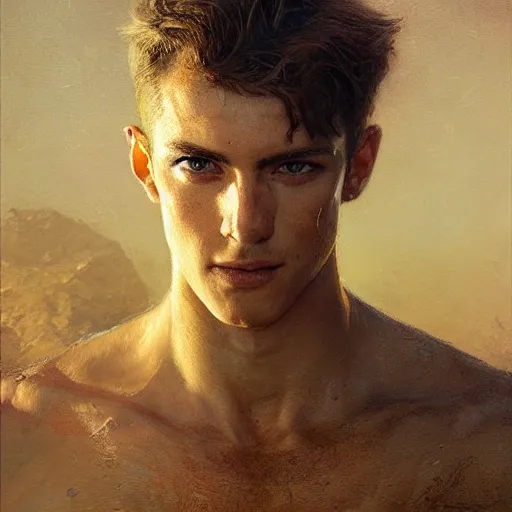 Image similar to handsome portrait of a young guy fitness posing, war hero, confidence, radiant light, caustics, reflective sweat, by gaston bussiere, bayard wu, greg rutkowski, giger, maxim verehin