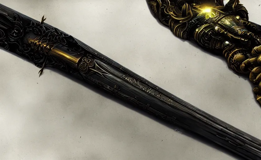 Image similar to legendary sword of cybernetic technology lying flat on a glowing table, digital award winning hd matte painting, intimate dark moody, intricate, long sharp black and iridescent blade, ornate spikes, colorful hilt, detailed realistic, raytraced blade, colored gems, golden pommel, in the style of greg rutkowski and krenz cushart, deviantart