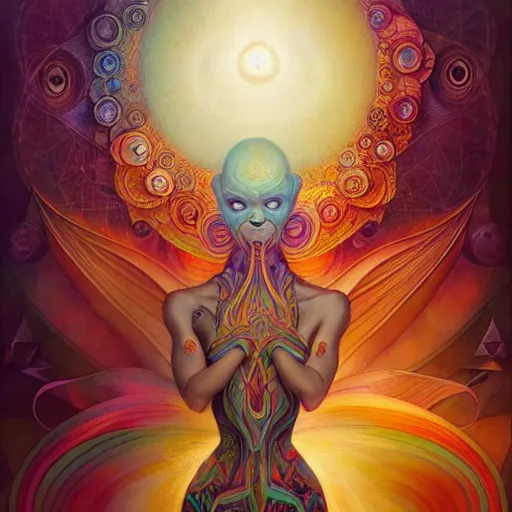 Image similar to psychedelic ayahuasca artwork of esao andrews frank peter mohrbacher, energy body, sacred geometry, esoteric art, divinity, detailed, tarot art