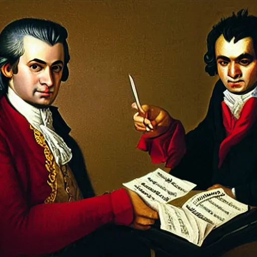 Prompt: mozart and beethoven in a rap band