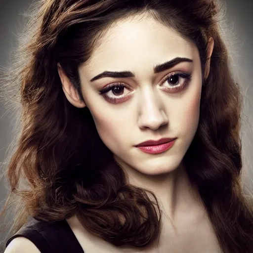 Image similar to big eyebrows Emmy Rossum, realistic, photo studio, HDR, 8k, trending on artstation