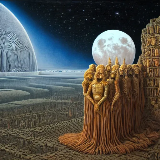 Prompt: THE QUEEN OF THE MOON by jacek yerka, alex gray, zdzisław beksiński, dariusz zawadzki, jeffrey smith and h.r. giger, oil on canvas, 8k highly professionally detailed, trending on artstation