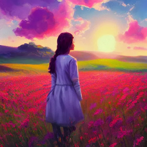 Image similar to girl with a flower face, surreal, bizzare, dreamlike, standing in flower field, in a valley, sunrise dramatic light, impressionist painting, colorful clouds, artstation, simon stalenhag