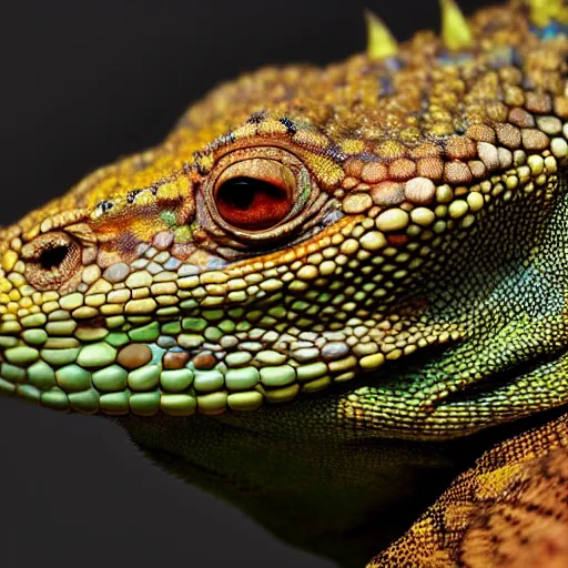 Image similar to a highly detailed portrait of a lizard man with bright scaly skin, 8 k, 4 k, highly detailed, sharp,