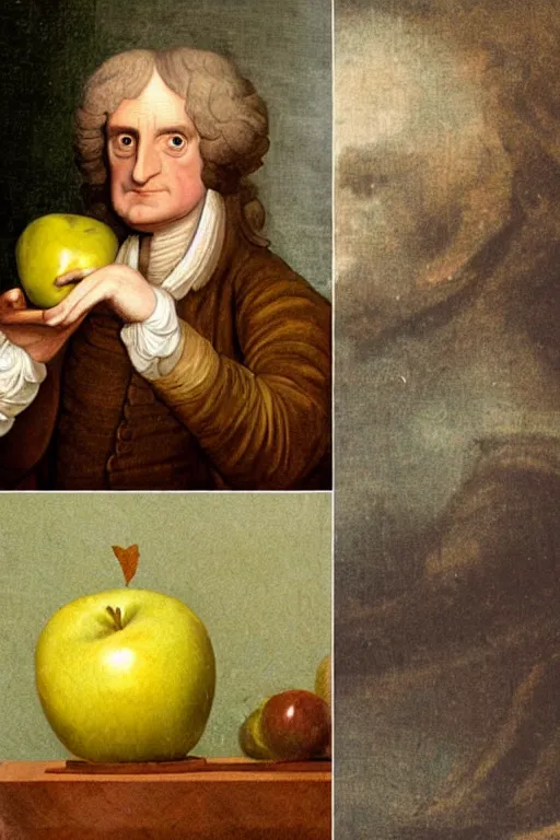 Image similar to isaac newton holding an apple, collage