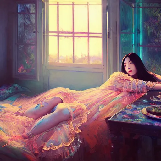 Image similar to beautiful young girl in intricate clothing by ross tran, sleeping in a messy bedroom designed by joanna gaines, at sunset, painted by sana takeda, reflections, very high intricate details, painting by liu xiaodong, digital anime art, medium shot, mid - shot, composition by ilya kuvshinov, lighting by greg rutkowski