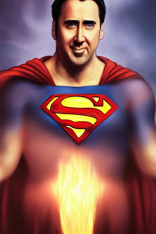 Image similar to Portrait of Nicolas Cage as superman cinematic lighting, intricate, elegant, highly detailed, digital painting, artstation, painted by Artgerm and Mark Waid and Greg Rutkowski and Mandy Jurgens