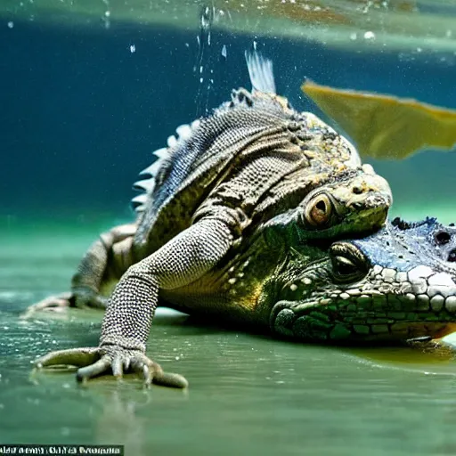 Prompt: award-winning photograph of an iguana saving a drowning child from a dangerous river. Fish Islands with half the image below water level