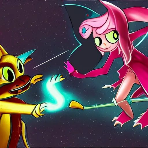 Prompt: magical cat lizard fight with robot cat girl, trending