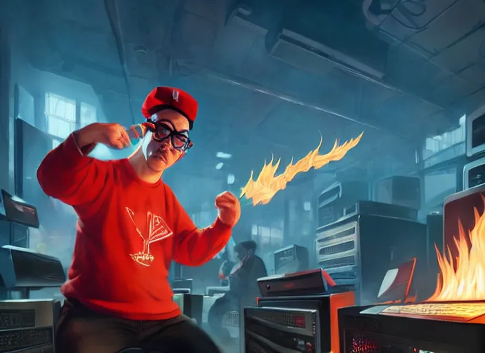 Prompt: character art by ruan jia, a man looking like homer simpson wearing wayfarer glasses and red baseball hat at a music concert, on fire, fire powers, room filled with computer equipment