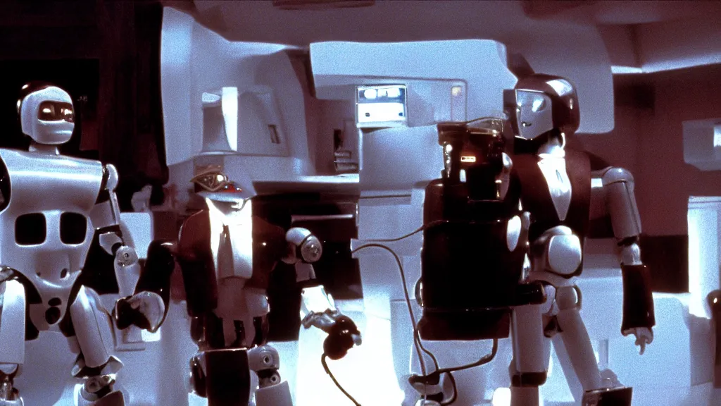 Image similar to movie still of pulp fiction with robots, movie still, cinematic composition, cinematic light, by edgar wright and david lynch