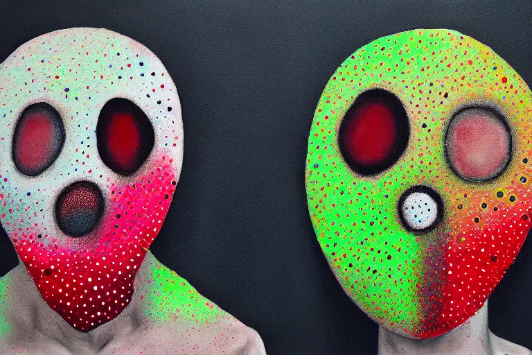 Prompt: teeth, smile, faceless people dark, acrylic, clay, dots abstract, dripping, stipple, pointillism, technical, abstract, minimal, style of francis bacon, asymmetry, pulled apart, stretch, cloak, eerie, made of dots, abstraction chemicals, balaclava mask, colored dots, sploch