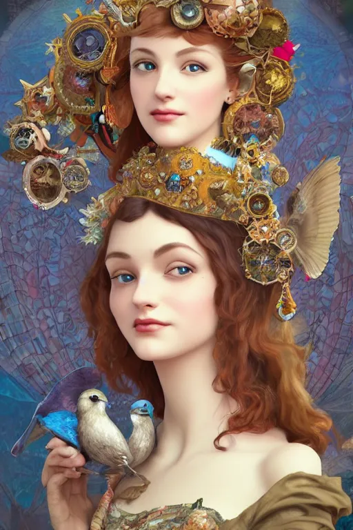 Image similar to face closeup, 3 d render of english princess holding birds, ornaments, background ornaments, mucha vibe, dieselpunk, solarpunk, artstation