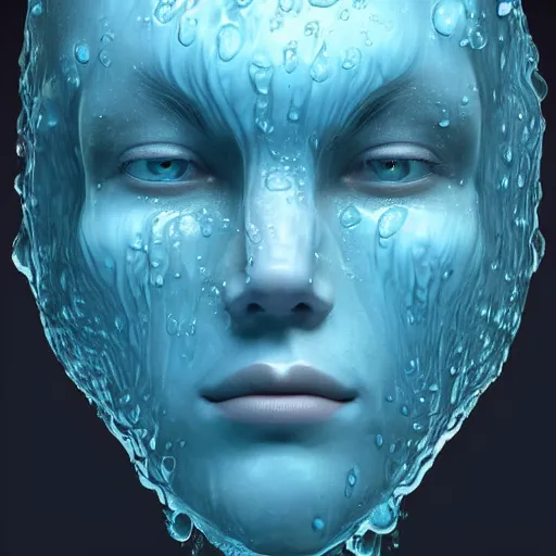 Prompt: the face of a person entirely made of water. Water formed into the shape of a human. Amazing beautiful fantasy art, trending on artstation