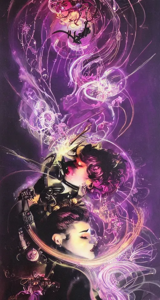 Image similar to she dreams of arcs of purple flame intertwined with glowing sparks, glinting particles of ice, dramatic lighting, steampunk, bright neon, secret holographic cyphers, red flowers, solar flares, high contrast, smooth, sharp focus, intricate art by Frank Frazetta