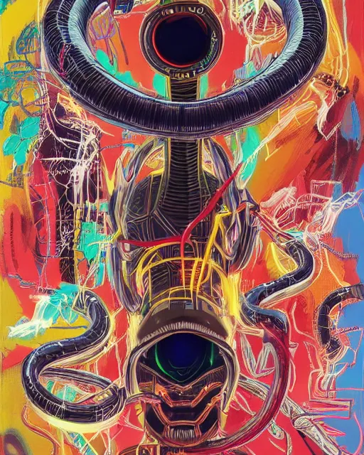 Prompt: a cyberpunk portrait of a cobra snake by jean - michel basquiat, by hayao miyazaki by artgerm, highly detailed, sacred geometry, mathematics, snake, geometry, cyberpunk, vibrant, water